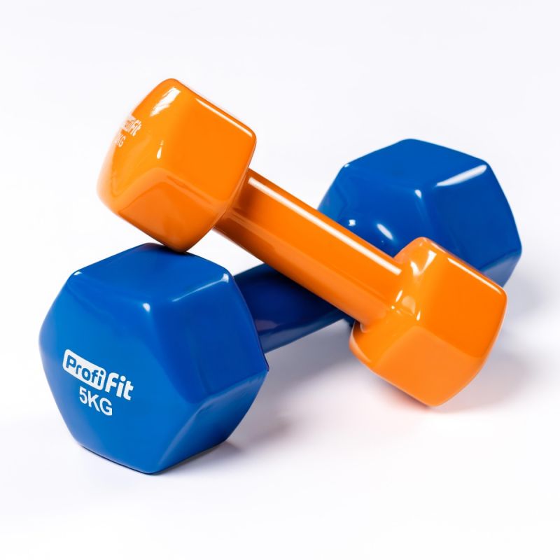Гантель в виниловой оболочке, шестигранник PROFI-FIT 5 кг, синяя